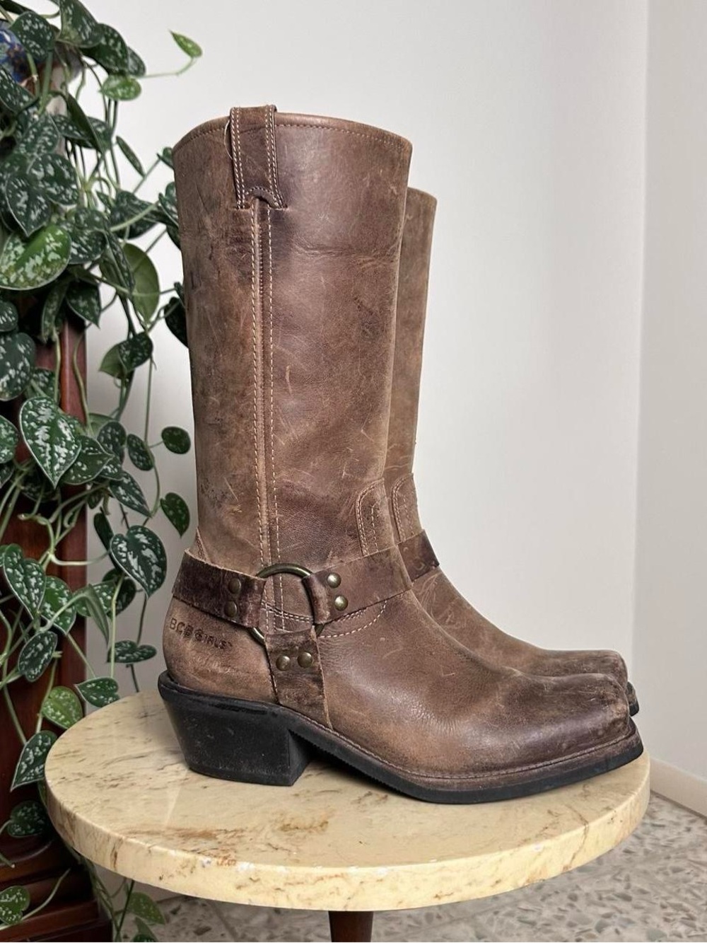 Vintage brown leather knee-high boots with buckle harness strap details Size 9.5